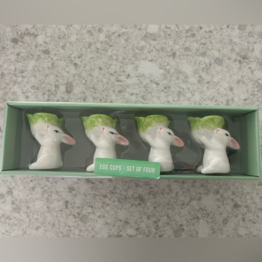 “New” Sundhine & Main Bunny Egg Cups - Set of 4 (White & Green)